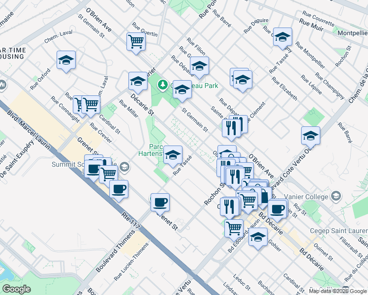 map of restaurants, bars, coffee shops, grocery stores, and more near 1440 Rue Décarie in Montréal