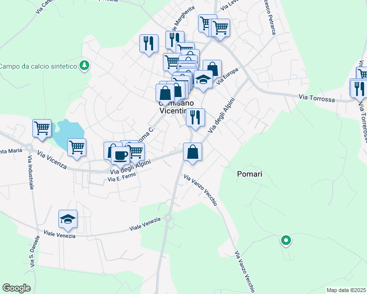 map of restaurants, bars, coffee shops, grocery stores, and more near 16 Via degli Alpini in Camisano Vicentino