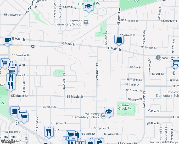 map of restaurants, bars, coffee shops, grocery stores, and more near 439 Southeast 24th Avenue in Hillsboro