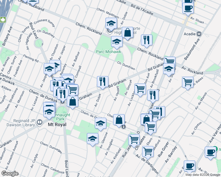 map of restaurants, bars, coffee shops, grocery stores, and more near 982 Boulevard Graham in Mont-Royal