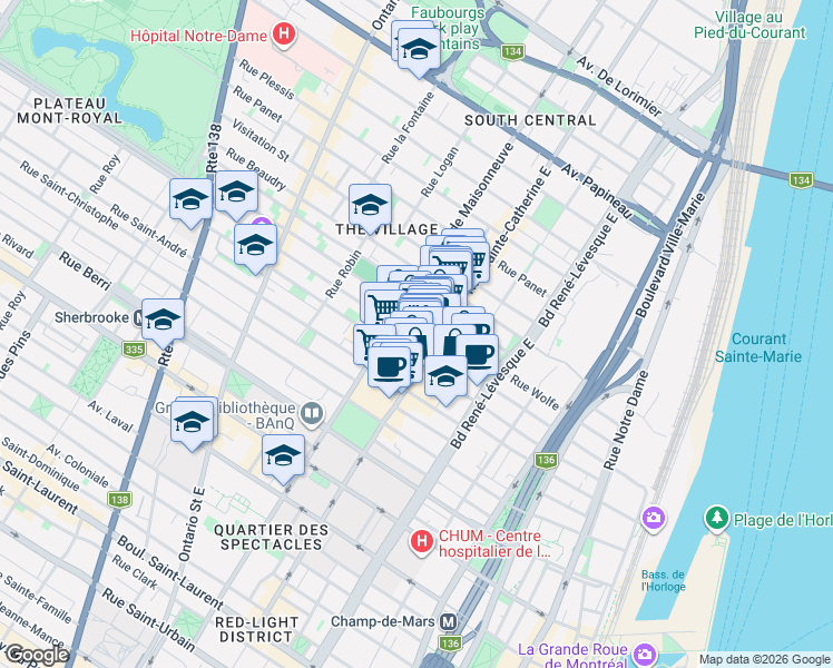 map of restaurants, bars, coffee shops, grocery stores, and more near 1439 Rue Atateken in Montréal