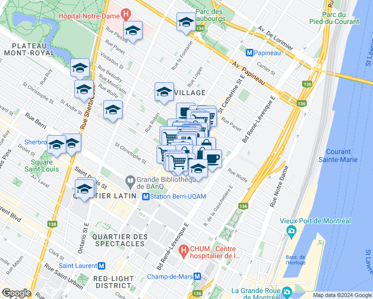 map of restaurants, bars, coffee shops, grocery stores, and more near 1433 Rue Atateken in Montréal