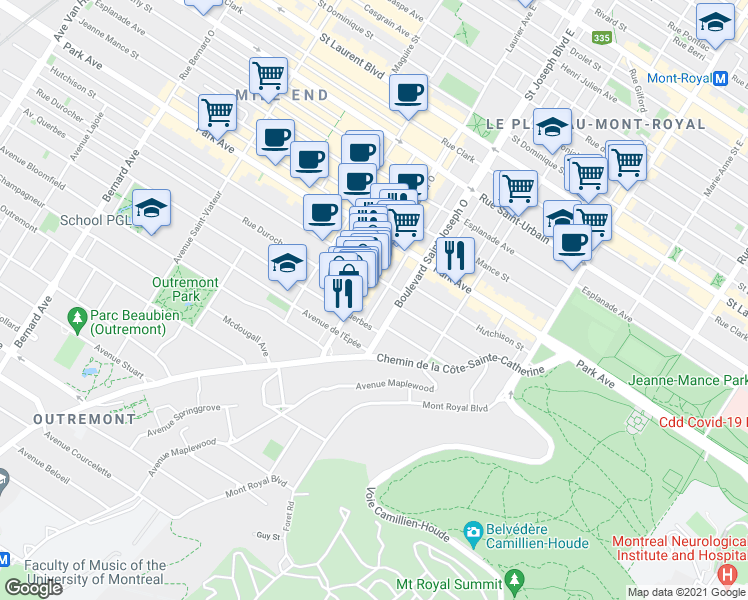 map of restaurants, bars, coffee shops, grocery stores, and more near 451 Avenue Édouard-Charles in Montréal