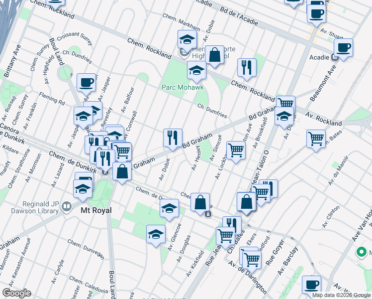 map of restaurants, bars, coffee shops, grocery stores, and more near 982 Boulevard Graham in Mont-Royal