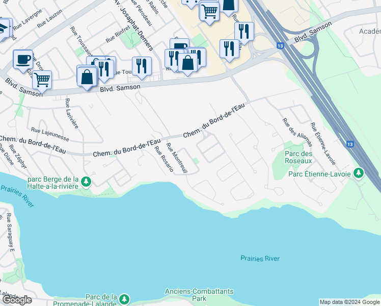 map of restaurants, bars, coffee shops, grocery stores, and more near 234 Rue Rosario in Laval
