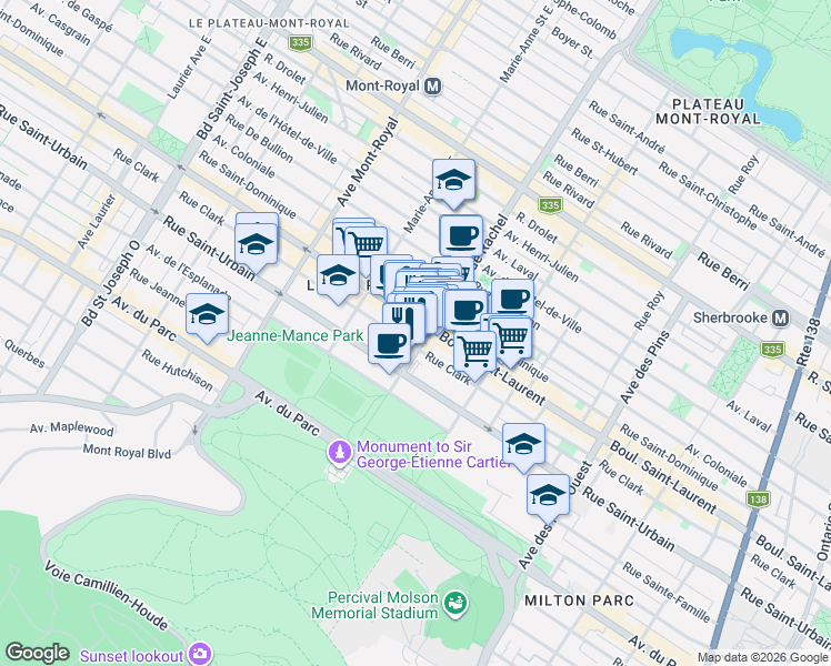 map of restaurants, bars, coffee shops, grocery stores, and more near 4200 Boulevard Saint-Laurent in Montrã©Al