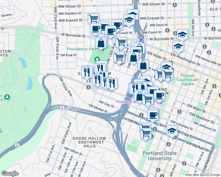 map of restaurants, bars, coffee shops, grocery stores, and more near 1628 Southwest Jefferson Street in Portland