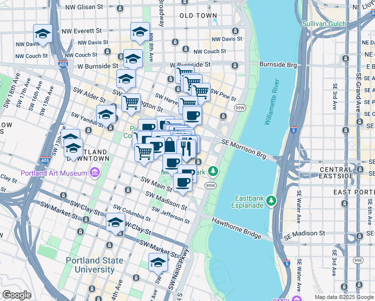 map of restaurants, bars, coffee shops, grocery stores, and more near in Portland