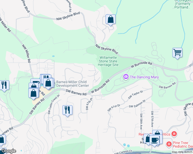 map of restaurants, bars, coffee shops, grocery stores, and more near 6625 West Burnside Road in Portland