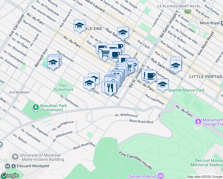 map of restaurants, bars, coffee shops, grocery stores, and more near 1069 Avenue Laurier Ouest in Montréal