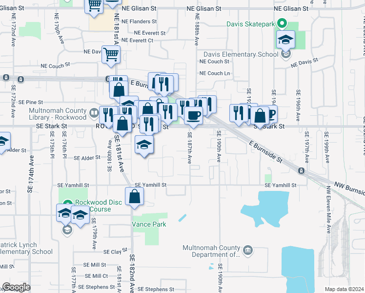 map of restaurants, bars, coffee shops, grocery stores, and more near 18450 Southeast Stark Street in Portland