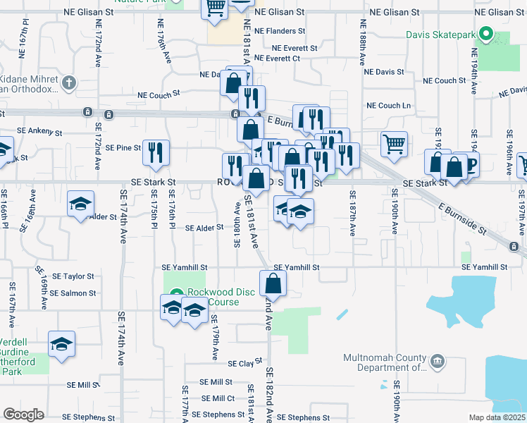 map of restaurants, bars, coffee shops, grocery stores, and more near 665 Southeast 181st Avenue in Portland