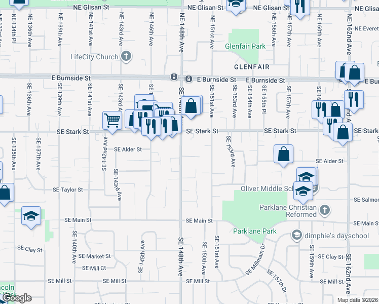 map of restaurants, bars, coffee shops, grocery stores, and more near 722 Southeast 148th Avenue in Portland