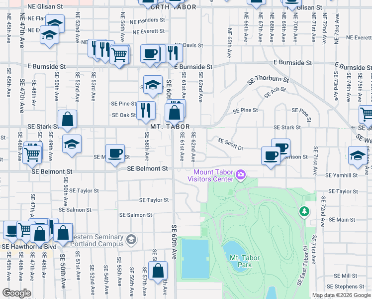 map of restaurants, bars, coffee shops, grocery stores, and more near 722 Southeast 61st Avenue in Portland
