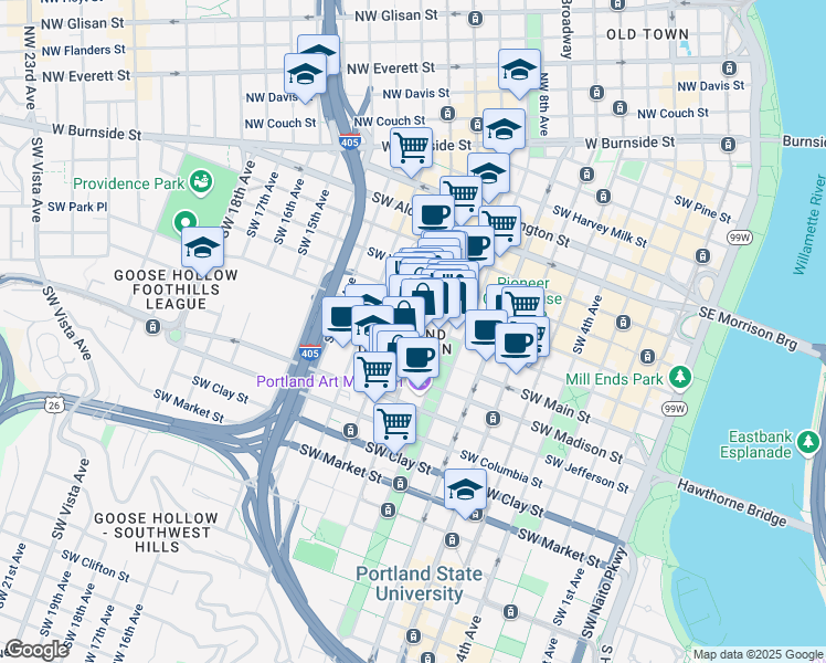 map of restaurants, bars, coffee shops, grocery stores, and more near in Portland