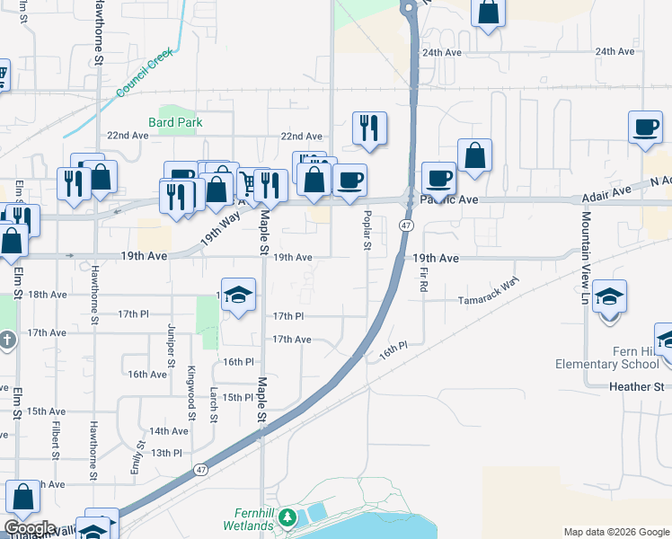 map of restaurants, bars, coffee shops, grocery stores, and more near 3336 19th Avenue in Forest Grove