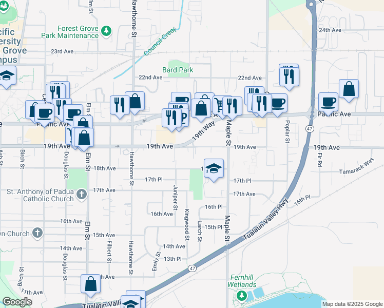 map of restaurants, bars, coffee shops, grocery stores, and more near 3005 18th Avenue in Forest Grove