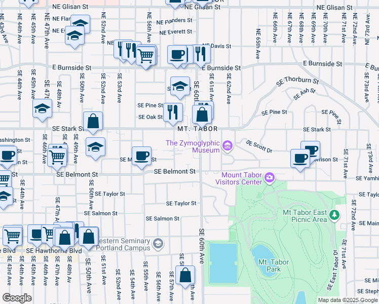 map of restaurants, bars, coffee shops, grocery stores, and more near 723 Southeast 60th Avenue in Portland