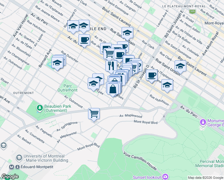 map of restaurants, bars, coffee shops, grocery stores, and more near 139 Avenue Querbes in Montréal