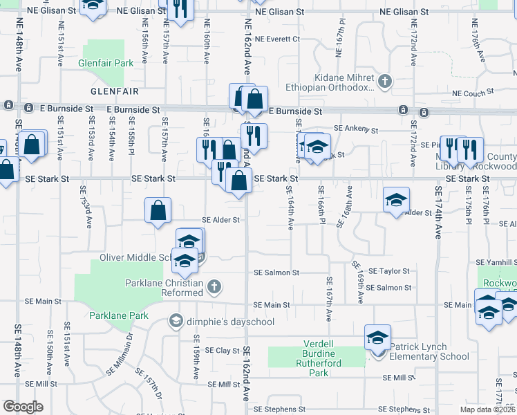 map of restaurants, bars, coffee shops, grocery stores, and more near 706 Southeast 162nd Avenue in Portland