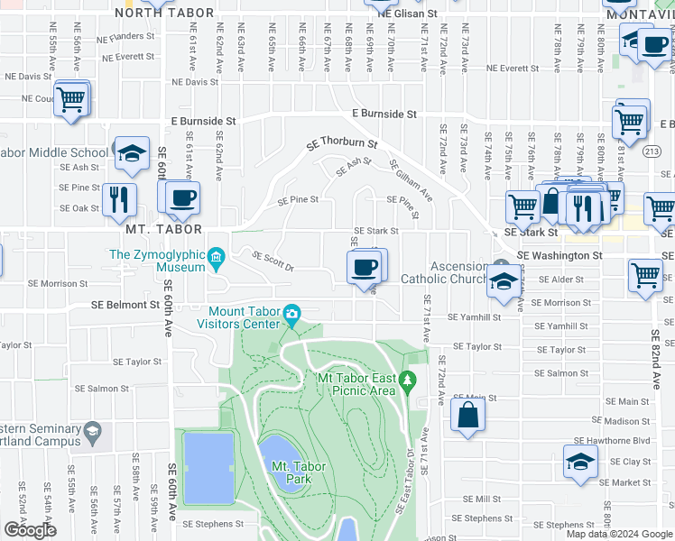 map of restaurants, bars, coffee shops, grocery stores, and more near 6693 Southeast Scott Drive in Portland
