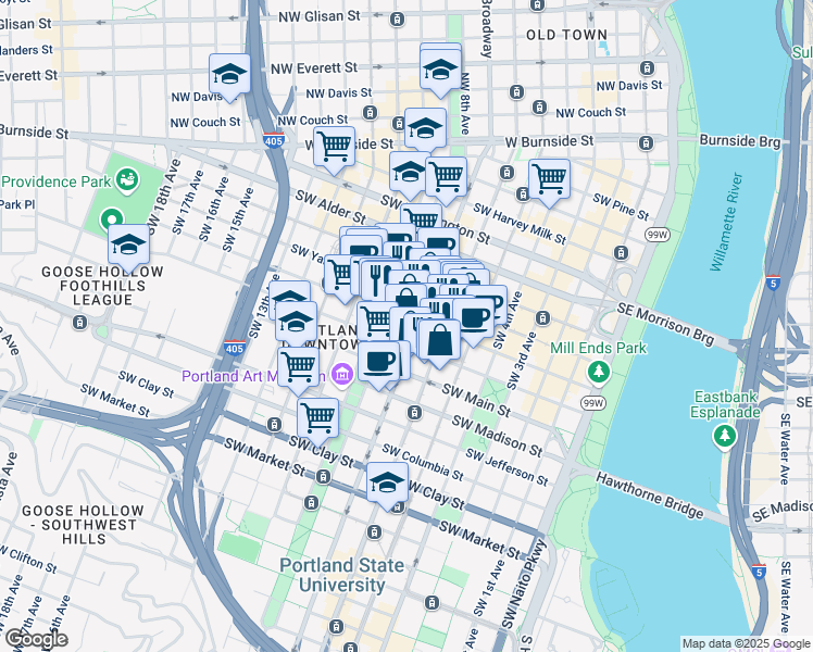 map of restaurants, bars, coffee shops, grocery stores, and more near 961 Southwest Broadway in Portland