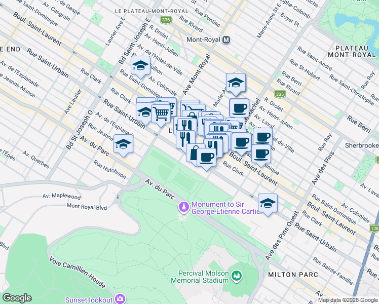 map of restaurants, bars, coffee shops, grocery stores, and more near 4337 Rue Saint-Urbain in Montréal