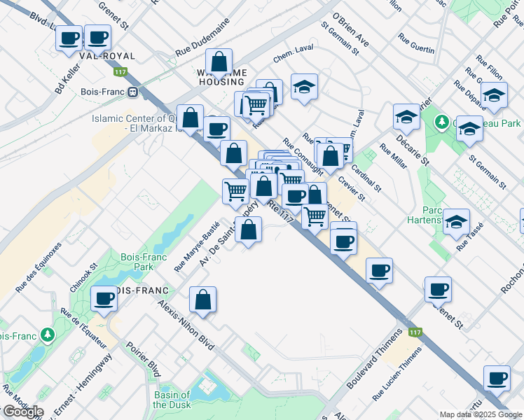 map of restaurants, bars, coffee shops, grocery stores, and more near 1930 Boulevard Marcel-Laurin in Montréal
