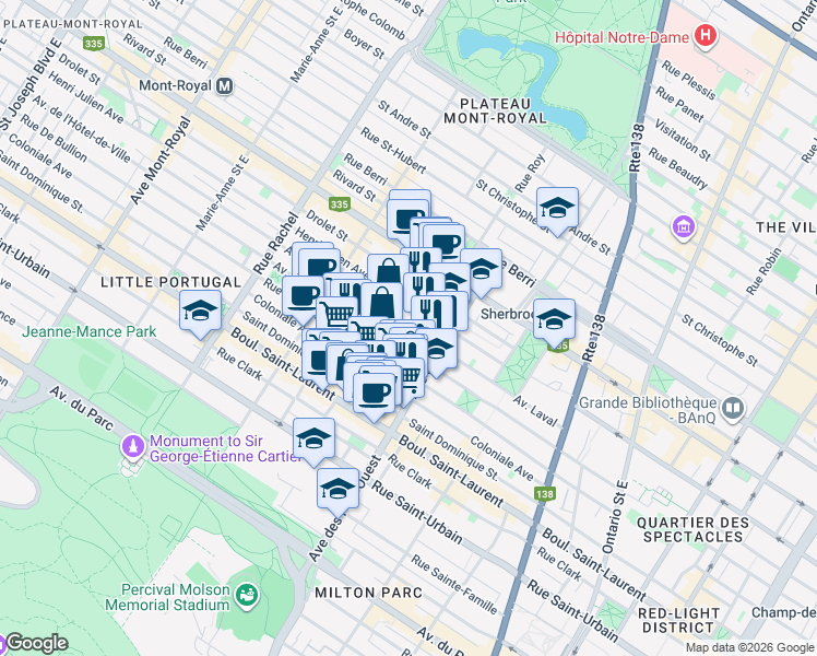 map of restaurants, bars, coffee shops, grocery stores, and more near 3825 Avenue Laval in Montreal