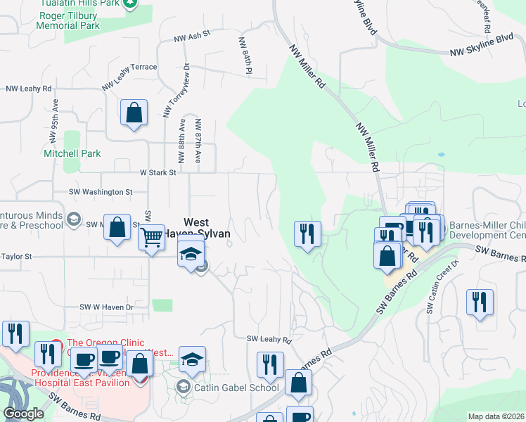 map of restaurants, bars, coffee shops, grocery stores, and more near 221 Southwest Moonridge Place in Portland