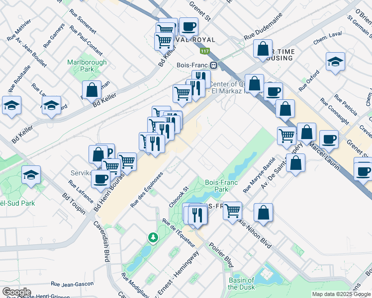 map of restaurants, bars, coffee shops, grocery stores, and more near 2300 Rue Wilfrid-Reid in Montréal