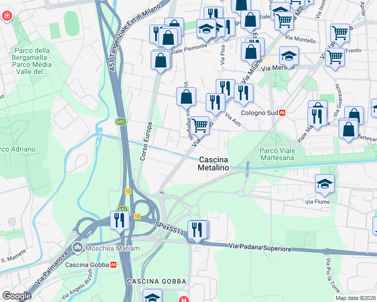 map of restaurants, bars, coffee shops, grocery stores, and more near 150 Via Milano in Cologno Monzese