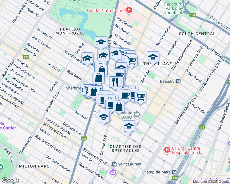 map of restaurants, bars, coffee shops, grocery stores, and more near 2010 Rue Saint-Hubert in Montréal