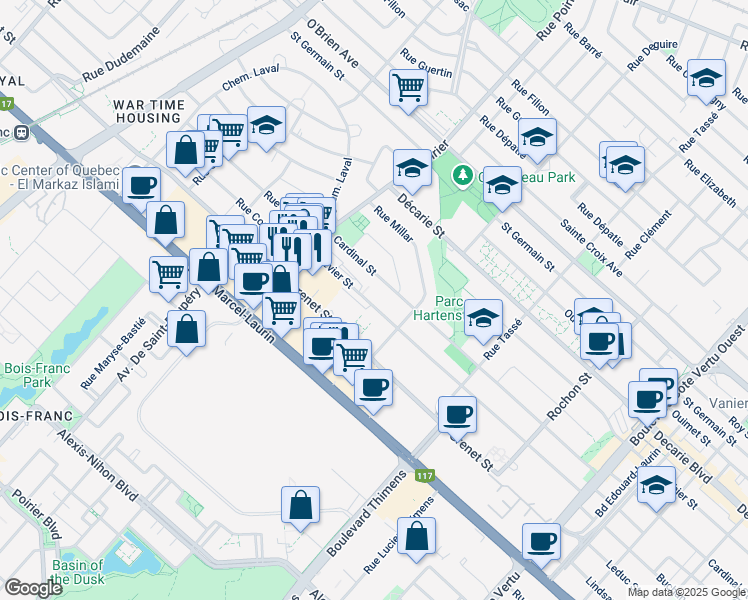 map of restaurants, bars, coffee shops, grocery stores, and more near 1655 Rue Crevier in Montréal