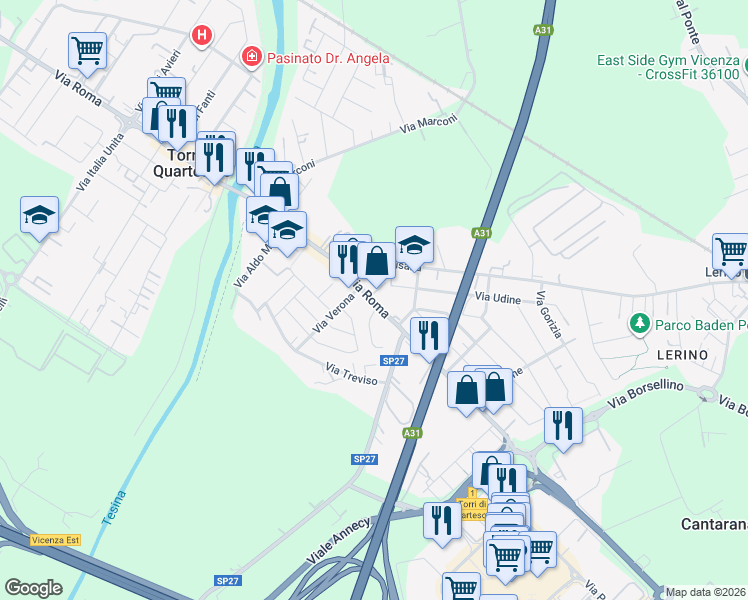 map of restaurants, bars, coffee shops, grocery stores, and more near 6 Via Europa in Torri di Quartesolo