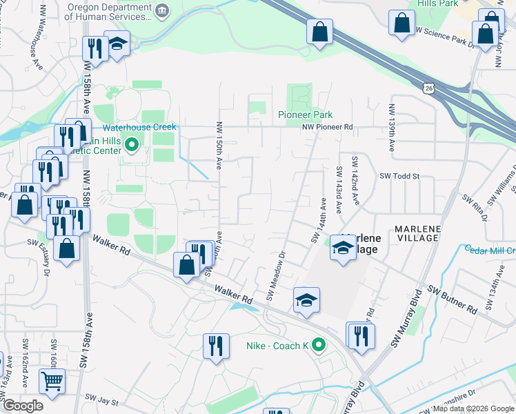 map of restaurants, bars, coffee shops, grocery stores, and more near 14775 Southwest Downing Court in Beaverton