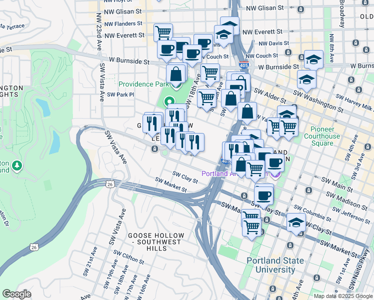 map of restaurants, bars, coffee shops, grocery stores, and more near 1628 Southwest Jefferson Street in Portland