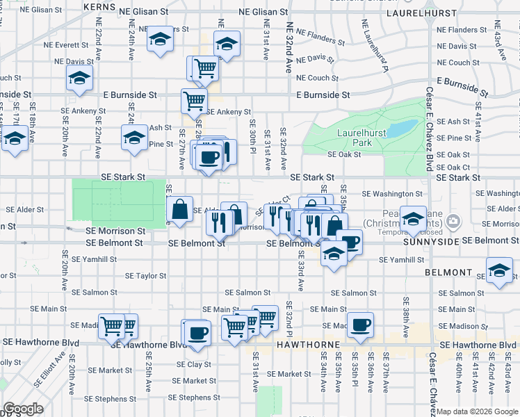 map of restaurants, bars, coffee shops, grocery stores, and more near 3059 Southeast Alder Street in Portland