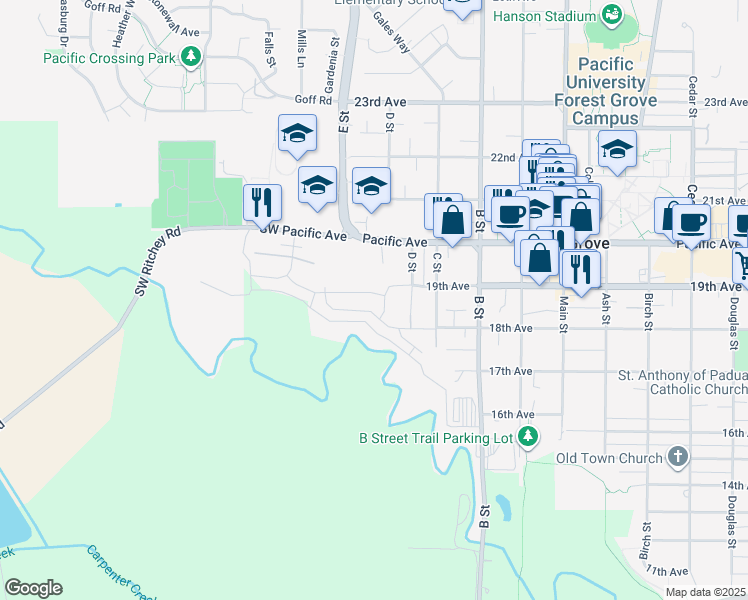 map of restaurants, bars, coffee shops, grocery stores, and more near 1581 18th Avenue in Forest Grove