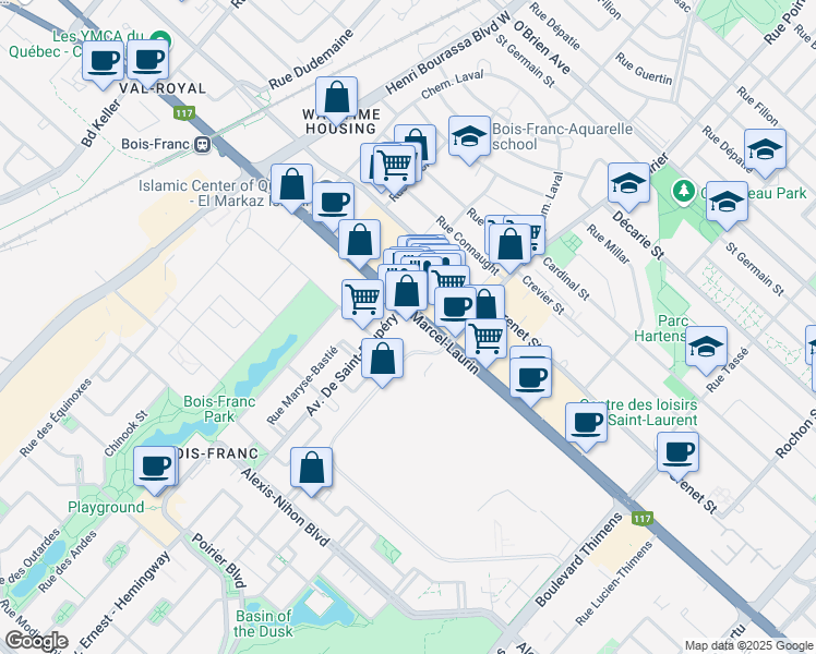 map of restaurants, bars, coffee shops, grocery stores, and more near 1930 Boulevard Marcel-Laurin in Montréal