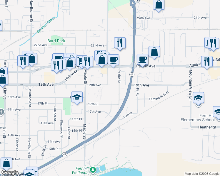 map of restaurants, bars, coffee shops, grocery stores, and more near 3404 19th Avenue in Forest Grove