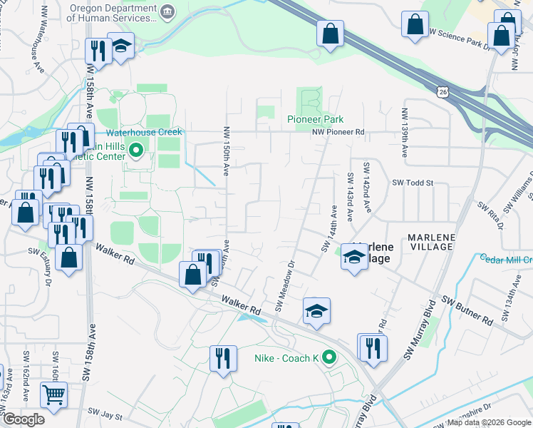 map of restaurants, bars, coffee shops, grocery stores, and more near 14775 Southwest Downing Court in Beaverton