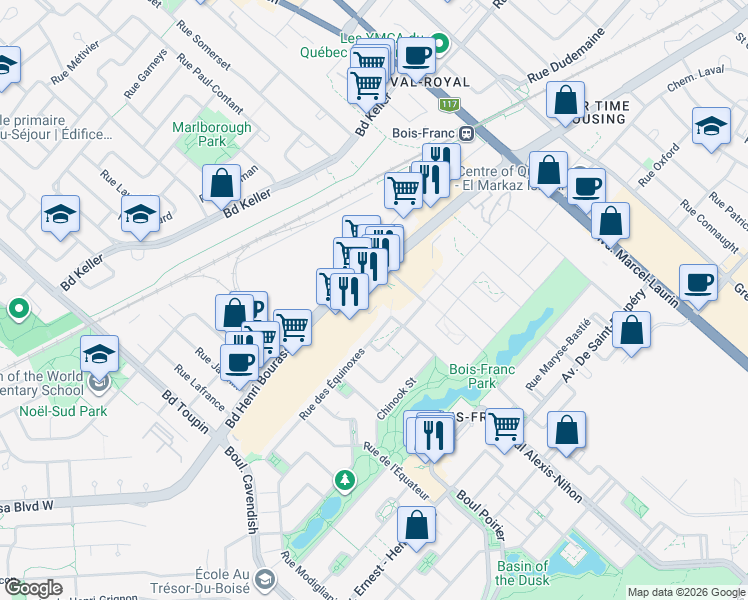 map of restaurants, bars, coffee shops, grocery stores, and more near 2400 Rue Wilfrid-Reid in Montréal