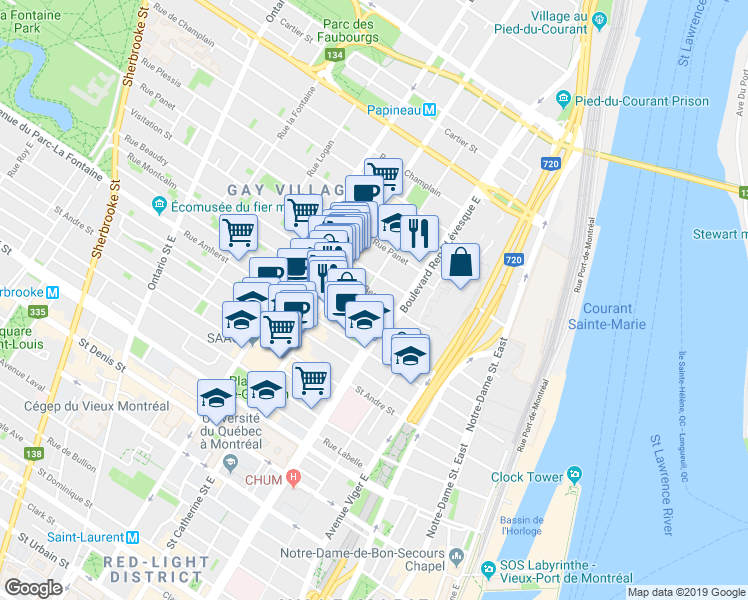 map of restaurants, bars, coffee shops, grocery stores, and more near 1212 Rue Beaudry in Montréal