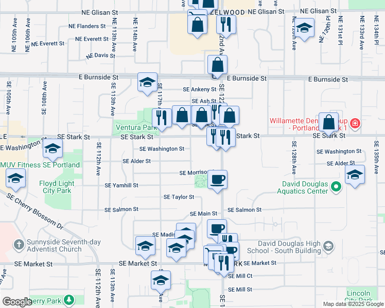 map of restaurants, bars, coffee shops, grocery stores, and more near 624 Southeast 119th Avenue in Portland