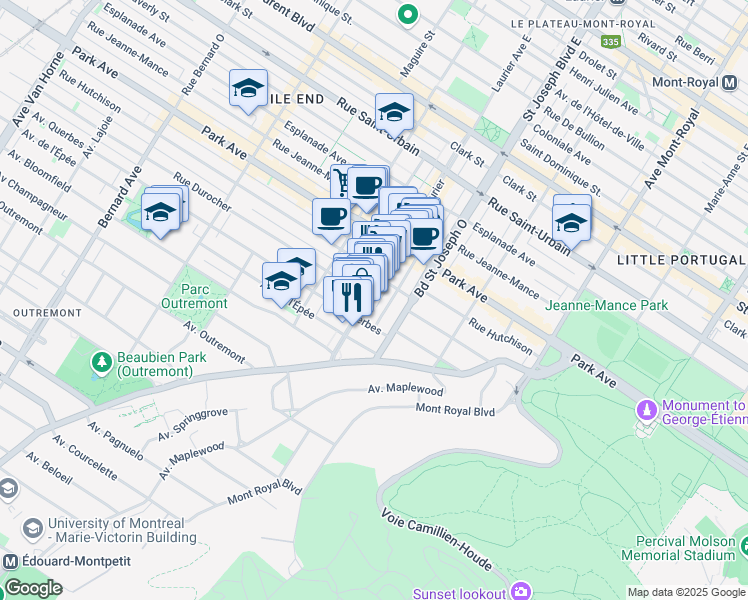 map of restaurants, bars, coffee shops, grocery stores, and more near in Montréal