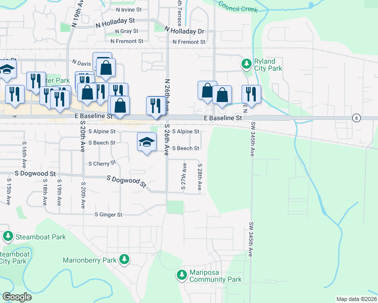 map of restaurants, bars, coffee shops, grocery stores, and more near 2697 South Beech Street in Cornelius