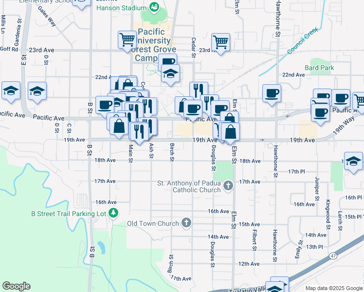 map of restaurants, bars, coffee shops, grocery stores, and more near 1803 Birch Street in Forest Grove