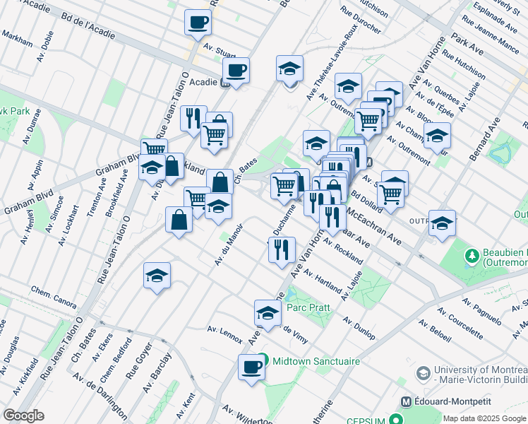 map of restaurants, bars, coffee shops, grocery stores, and more near 1000 Avenue Rockland in Montréal