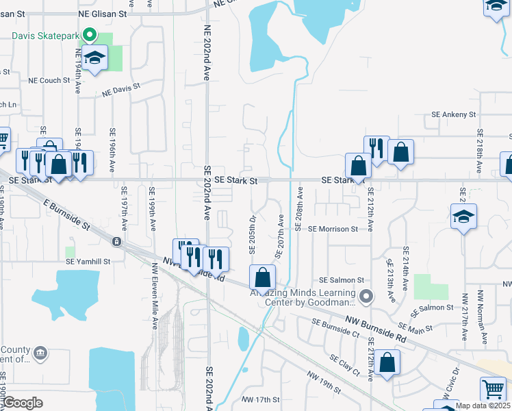 map of restaurants, bars, coffee shops, grocery stores, and more near 725 Southeast 205th Drive in Gresham